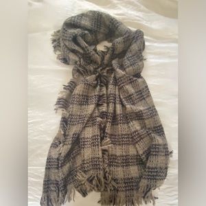 Plaid Scarf, Shawl. Fringed. Taupe & Navy. Boucle style